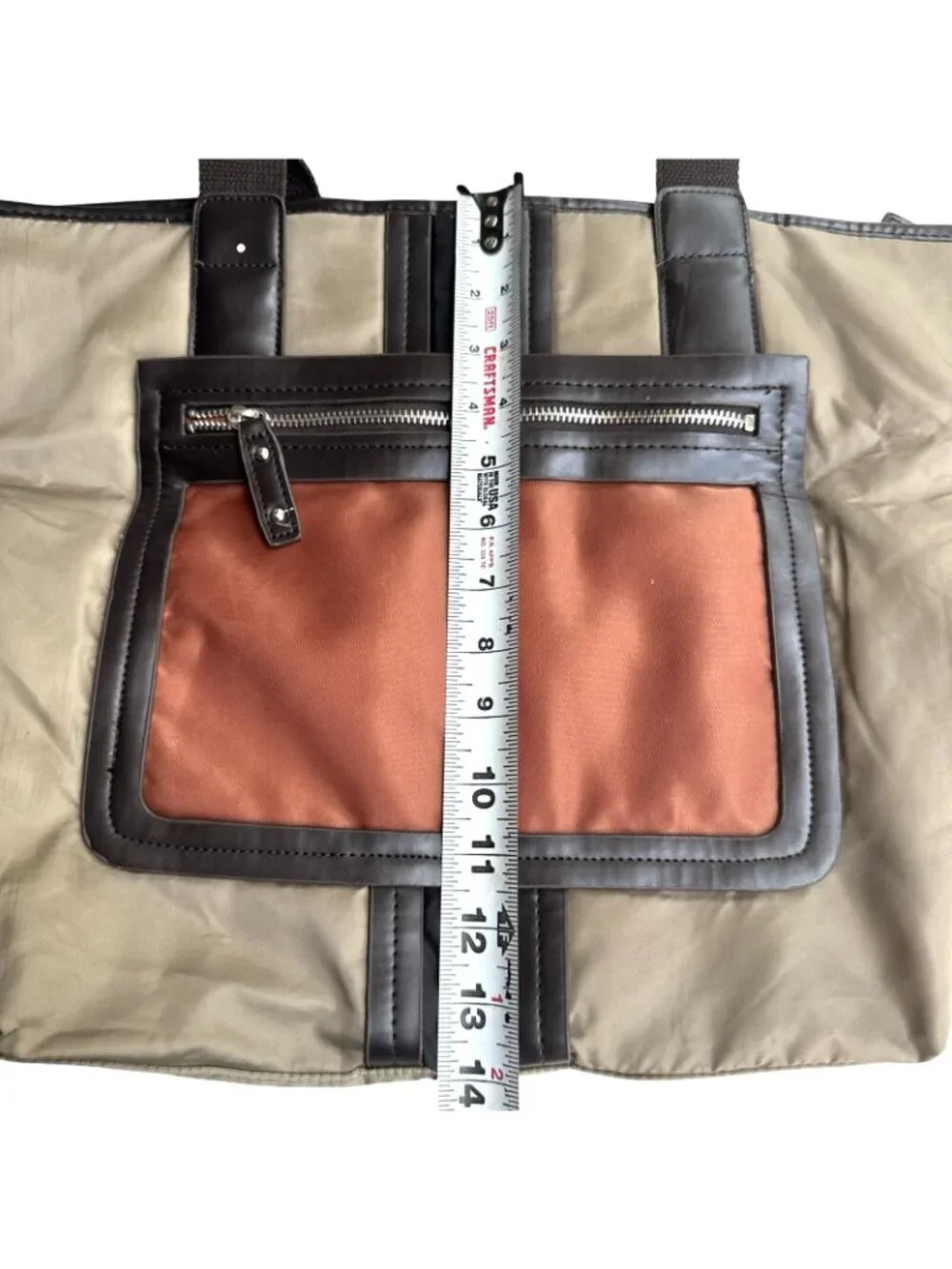 Sandra Roberts Large Tote Bag With Brown Handles & Front Zipper Pocket